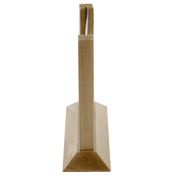 A Menu Solutions antiqued wood table tent with a wooden stand.