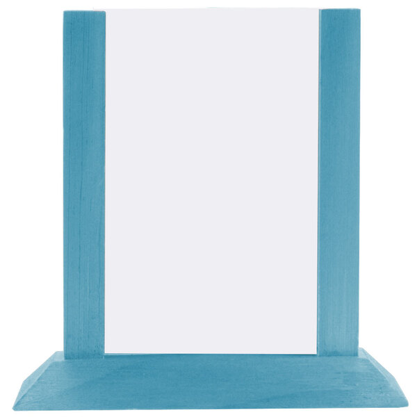 A sky blue wooden table tent with a white rectangular frame.