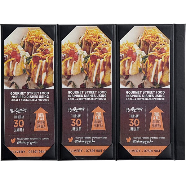Three Menu Solutions triple panel table tents with food on them on a table.