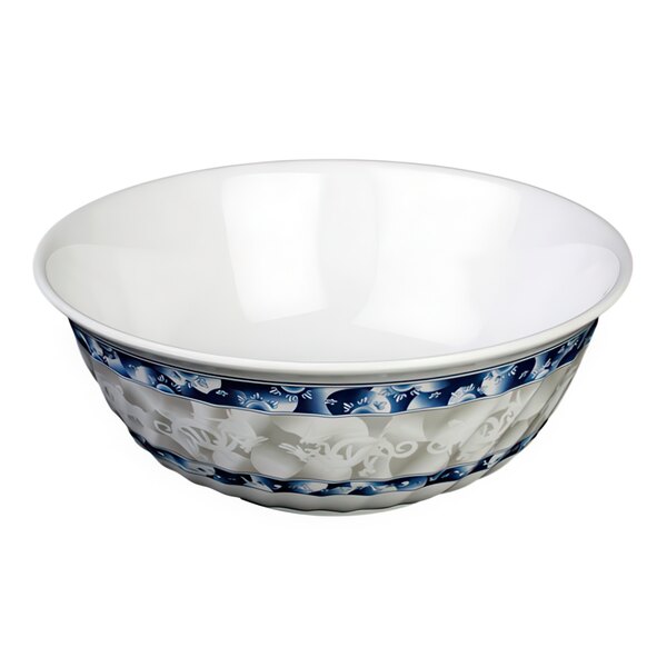 A white bowl with blue and white dragon design.