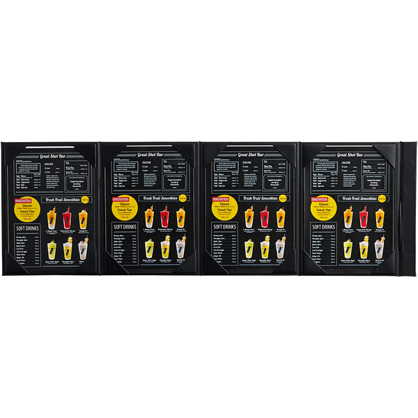 A Menu Solutions table tent with drinks and prices on a white background.