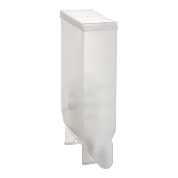 A white plastic container with a clear plastic lid and screw.