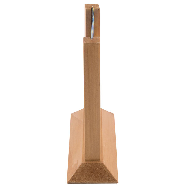 An oak wood table tent from Menu Solutions with a white background.