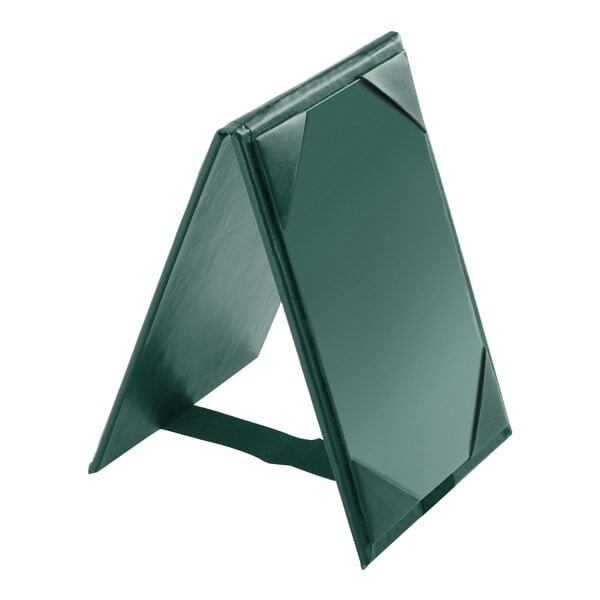 A green Menu Solutions A-frame table tent with black picture corners.