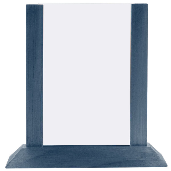 A blue wooden table tent with a white border.