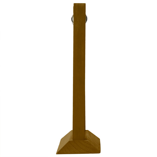 A Menu Solutions walnut wood flip top table tent stand with metal rings.