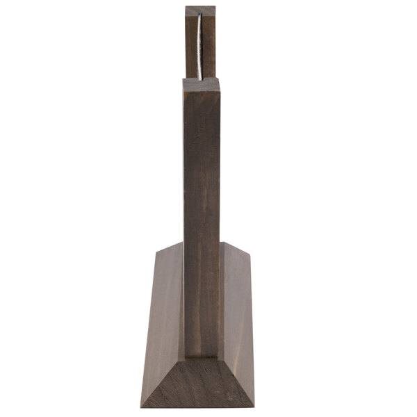 A Menu Solutions walnut wood table tent with a metal handle.