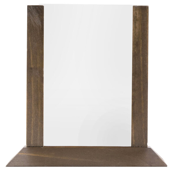 A Menu Solutions walnut wood table tent with a wooden frame.