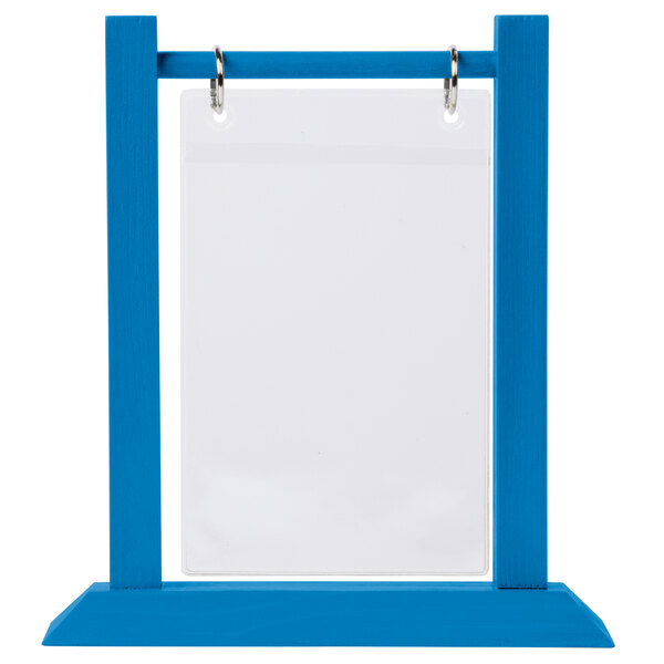 A blue rectangular Menu Solutions wood table tent with a white border.