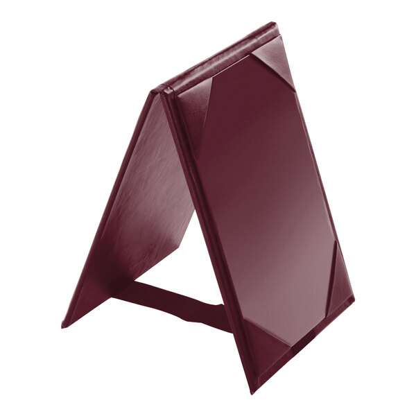 A Menu Solutions burgundy A-frame table tent with picture corners.