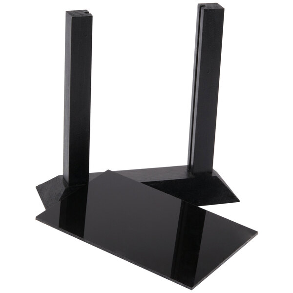 A black rectangular Menu Solutions table sign board with a black wood base.