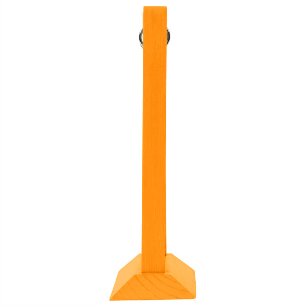 A wood flip top table tent with a white border on a yellow background.