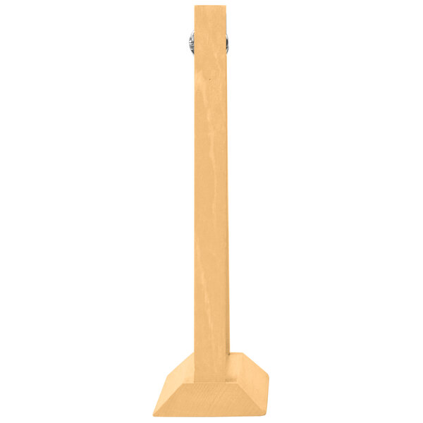 A rectangular natural wood Menu Solutions table tent with a white border.