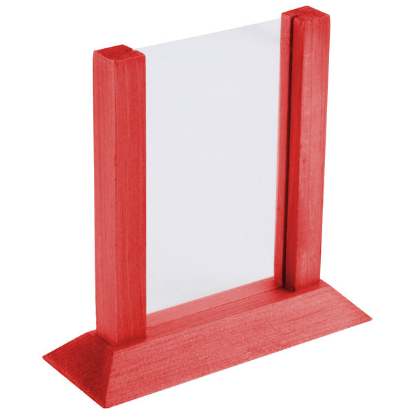 A red wooden Menu Solutions table tent with a white border.