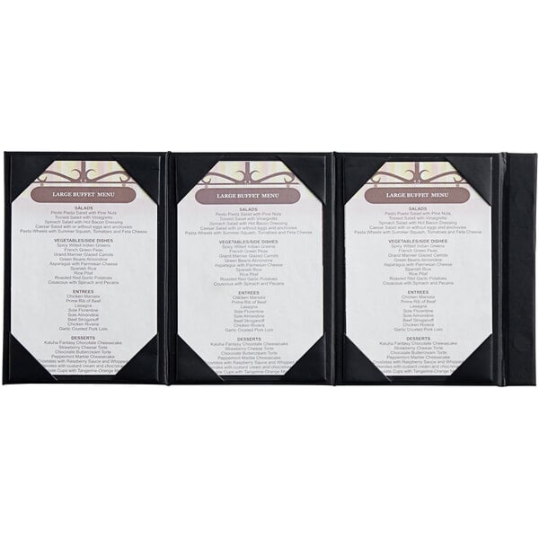 A black Menu Solutions triple panel table tent with white paper menus.