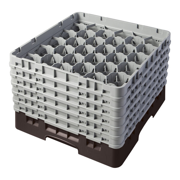 A brown plastic Cambro glass rack with extenders.