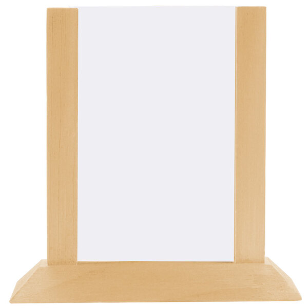 A natural wood Menu Solutions table tent with blank white inserts.