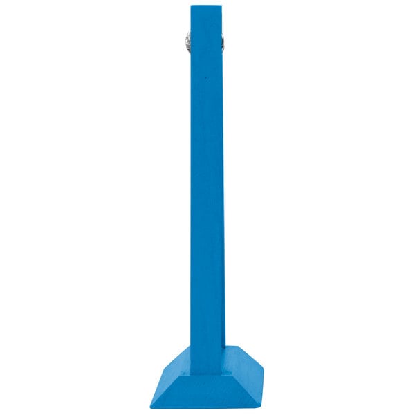 A blue rectangular wood table tent with a white background.