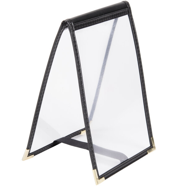 A black sewn edge Menu Solutions table tent with clear plastic panels.