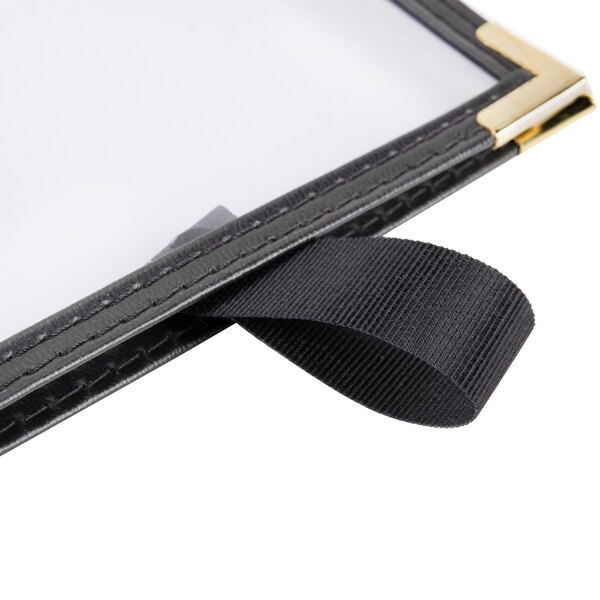 A black Menu Solutions table tent with black sewn edges.