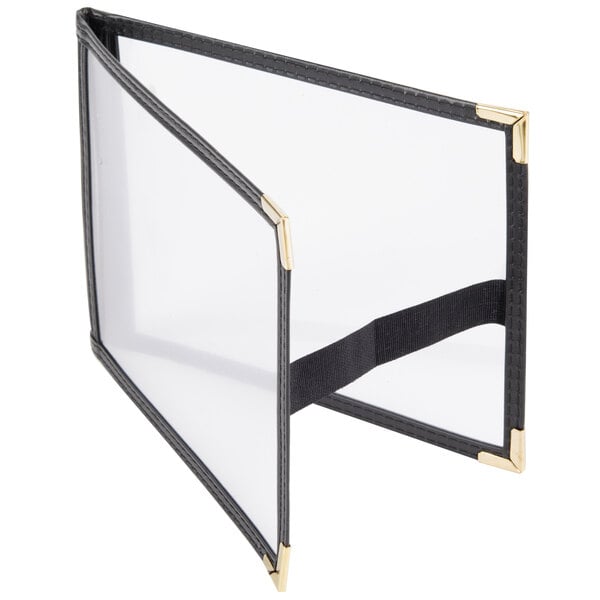 A black Menu Solutions sewn edge table tent with clear plastic panels.