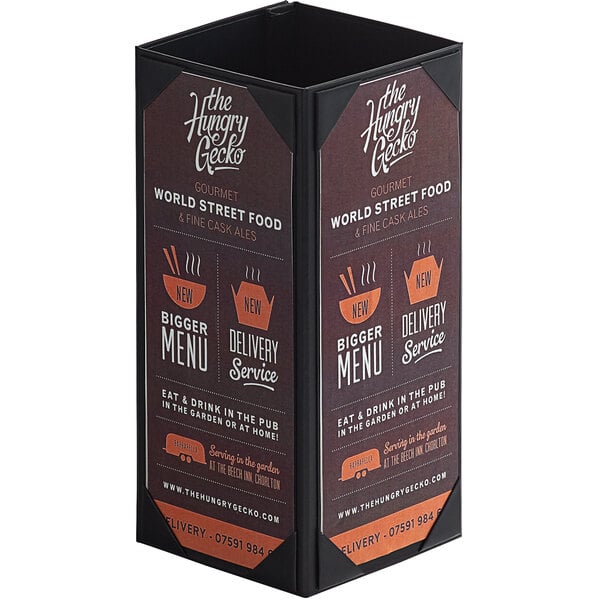 A black Menu Solutions table tent with white text on the front.