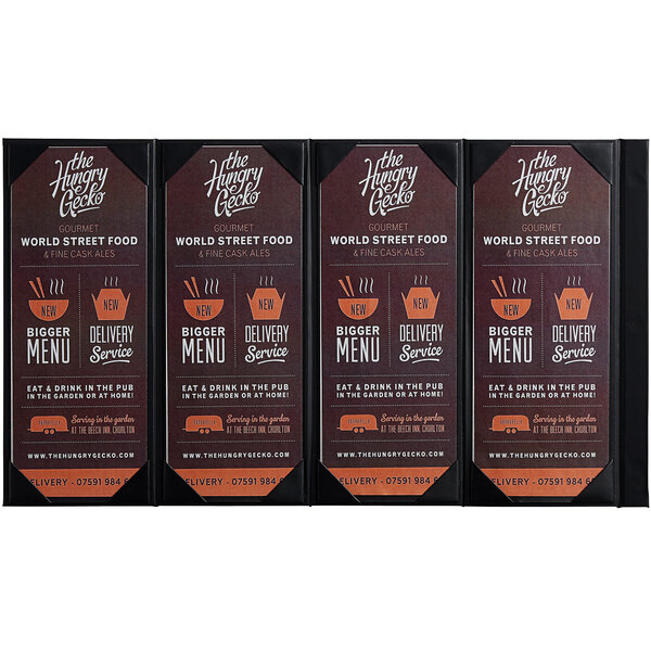 A Menu Solutions quad panel table tent with picture corners holding a happy hour menu.