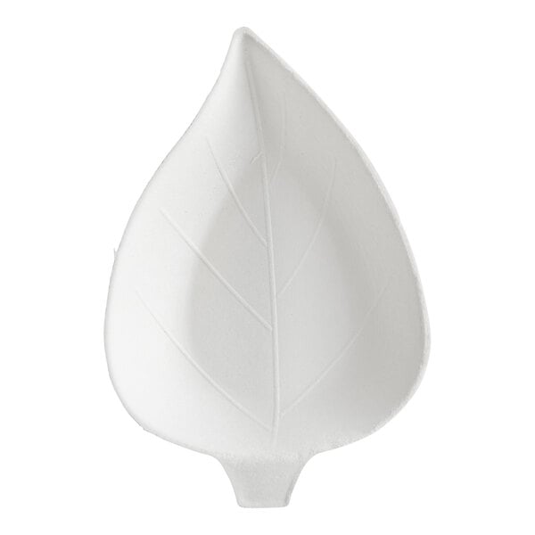 A close-up of a white EcoChoice leaf shaped dish.