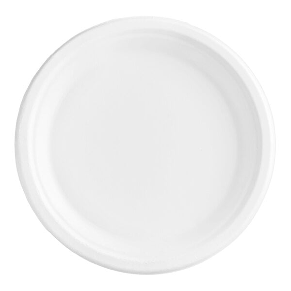 A close up of an EcoChoice white plant fiber plate.