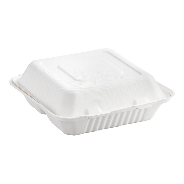 An EcoChoice compostable bagasse takeout container with three compartments.