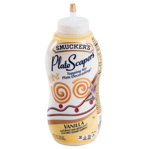 A white plastic bottle of Smucker's Vanilla Platescapers syrup with a label.
