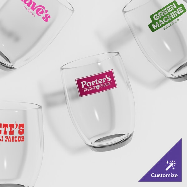 A group of GET Customizable plastic stemless wine glasses.