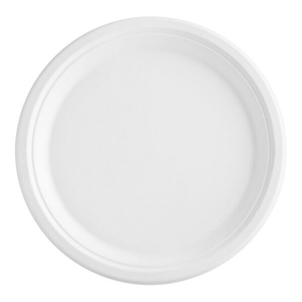 A close-up of an EcoChoice compostable white plant fiber plate.