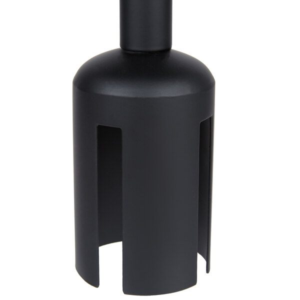 A black steel stanchion sign frame with holes in it.