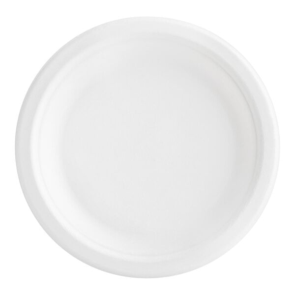 An EcoChoice white plant fiber plate with a white background.