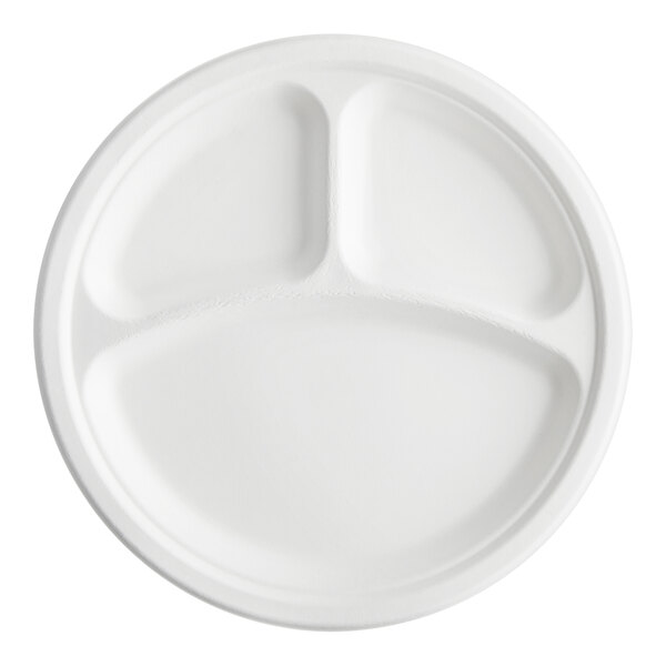 A white EcoChoice plant fiber plate with three sections.