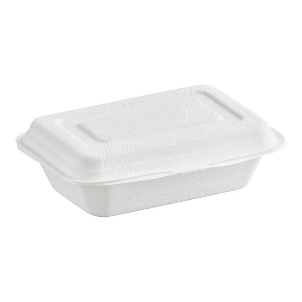 An EcoChoice compostable sugarcane take-out container with a lid.
