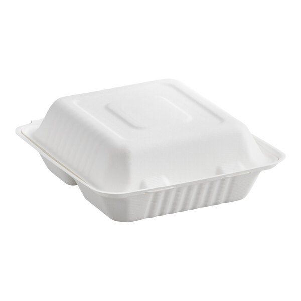 An EcoChoice white compostable takeout container with 3 compartments and a lid.