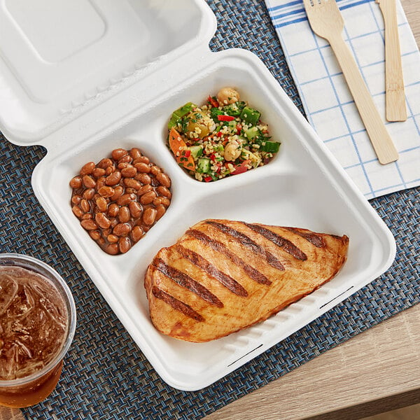 An EcoChoice compostable takeout box with 3 compartments holding a meal and a drink.