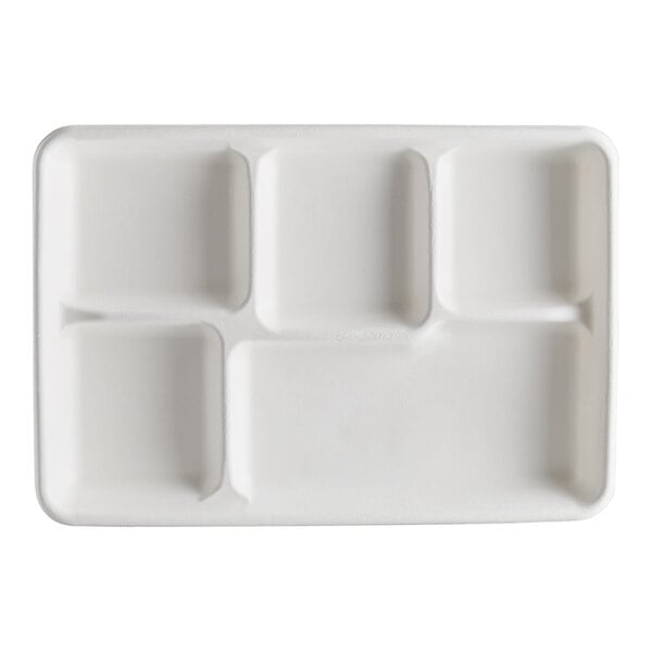 A white rectangular compostable tray with five compartments.