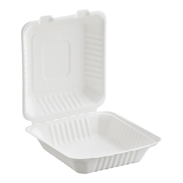 An EcoChoice bagasse take-out box with a lid.