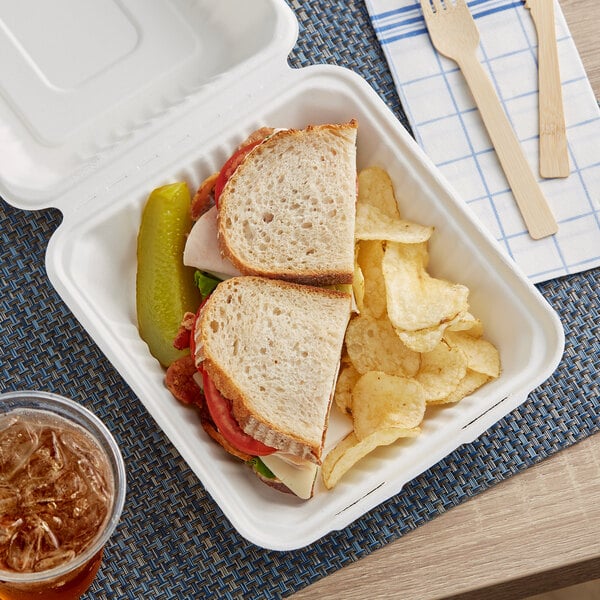 A sandwich in a white EcoChoice compostable take-out box with chips.