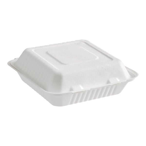 A white, square, compostable plant fiber take-out box with one compartment and a hinged lid.