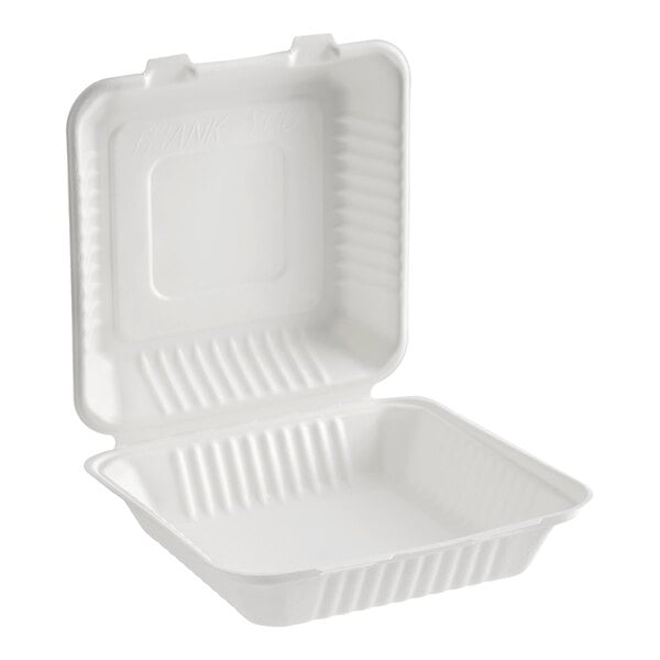 A white, square, compostable take-out box made from plant fiber with one compartment and a hinged lid.
