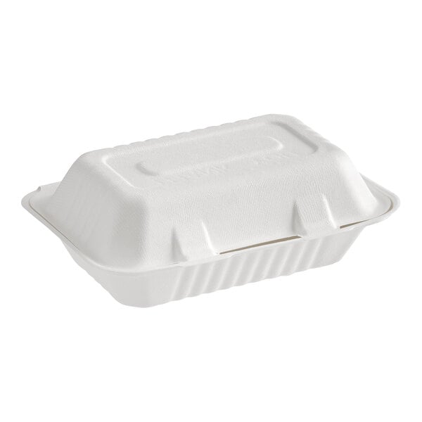 A white, rectangular, compostable plant fiber take-out container with one compartment and a hinged lid.