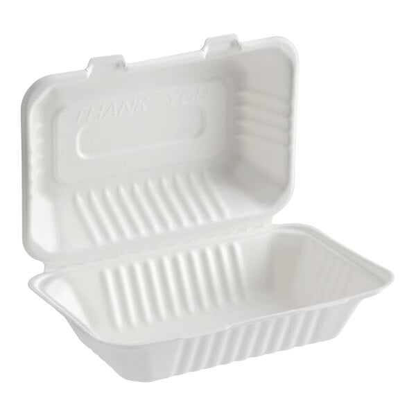 A white compostable plant fiber take-out container with one compartment and a hinged lid.