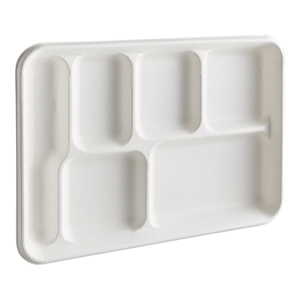 A close up of an EcoChoice compostable sugarcane tray with six compartments.