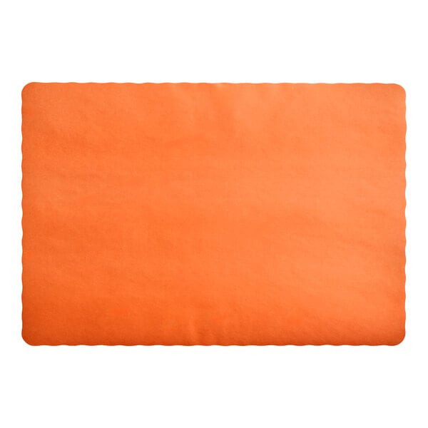 A rectangular orange paper placemat with scalloped edges.