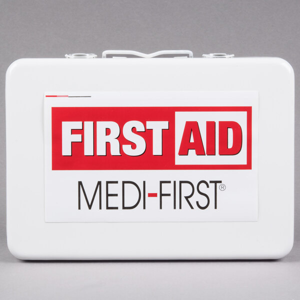 A white Medique vehicle first aid kit with red and white text.