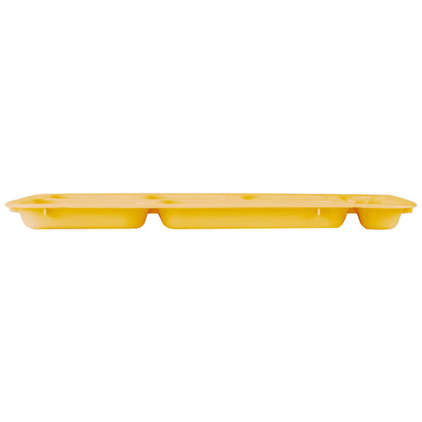 A yellow Cambro co-polymer compartment tray with 6 compartments.
